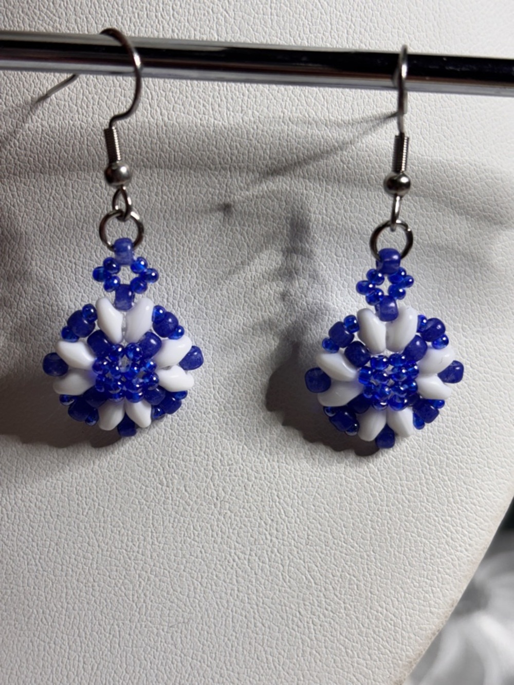 Artisan Blue and White Beaded Flower Drop Earrings 2 inches